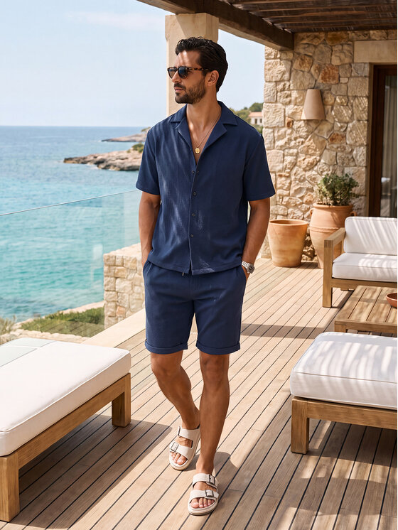 Ombre Ombre Koszula OM-SHSS-0220 Granatowy Boxy Fit