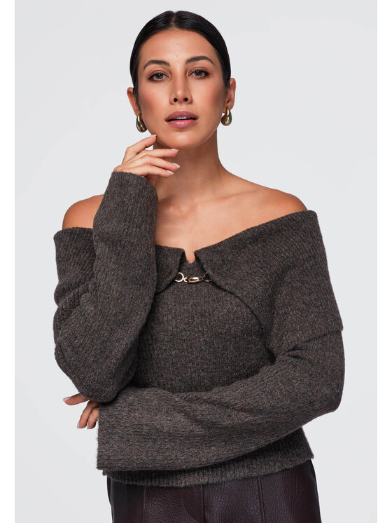 Ombre Ombre Sweter OW-SW-E0011 Brązowy Slim Fit