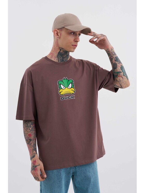 MyStars MyStars T-Shirt Koszulka Z Krótkim Rękawem Oversize Męska Ciemna Brązowa Machinist Duck Kaczka M Brązowy Oversize