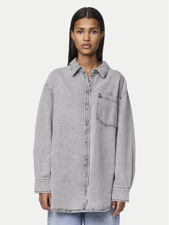 Pieces džínsová košeľa 17150991 Sivá Oversize