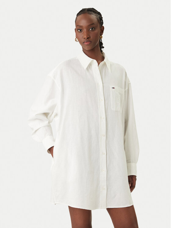 Tommy Jeans Rochie tip cămașă DW0DW22344 Alb Relaxed Fit