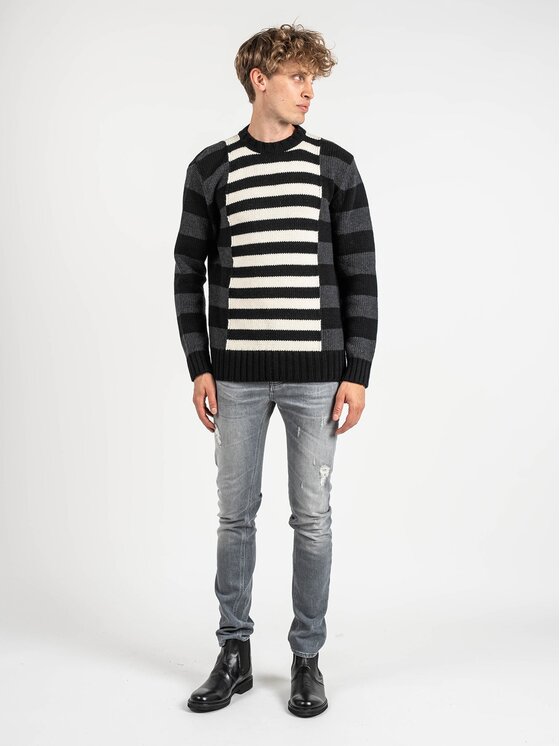 Les Hommes Męski Sweter, rozmiar L, Czarny, LLK113-654U | Wool Stripes Round Neck Jumper