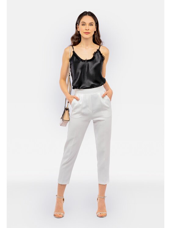 Perso Perso Bavlnené nohavice cygaretki z kieszeniami Biela Slim Fit