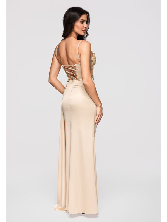 Ombre Ombre Sukienka wieczorowa LA-OM-DLR360 Beżowy Slim Fit