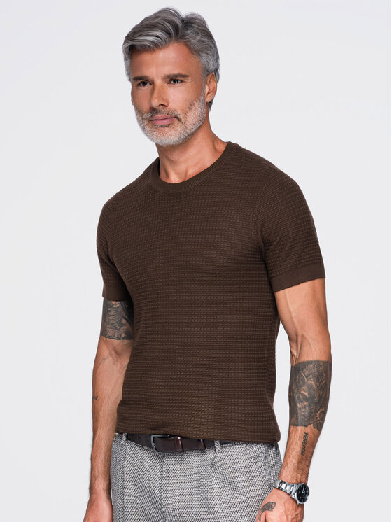 Ombre Ombre T-Shirt OM-TSCT-0303 Tmavě hnědá Slim Fit