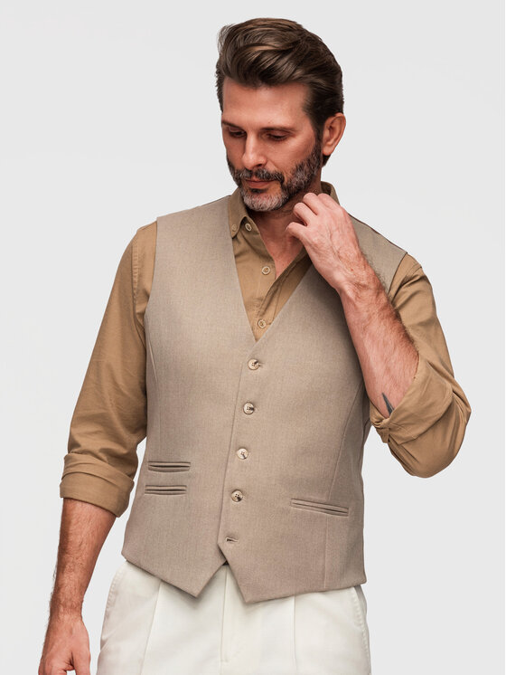 Ombre Ombre Kamizelka V64 Beżowy Slim Fit