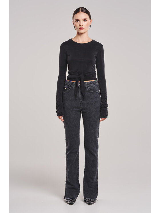 BENU BENU Bluzka Cupro z Wiązaniem Czarny Slim Fit