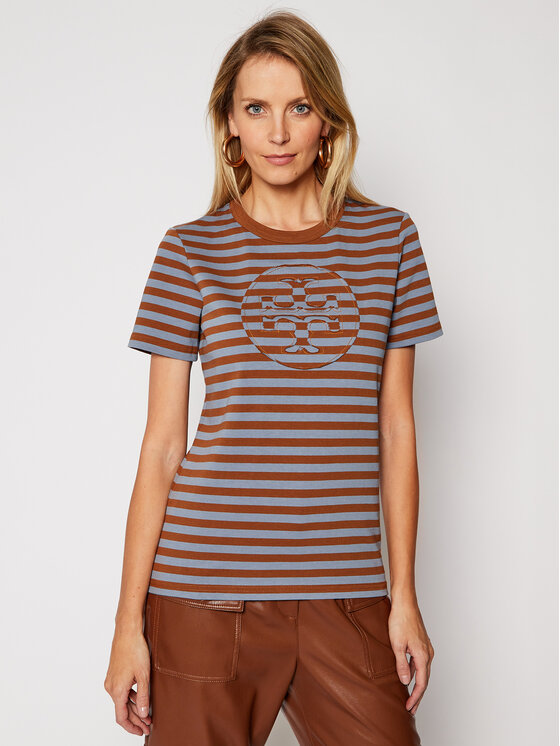 Tory Burch T-shirt Striped Logo 63871 Marron Regular Fit • 