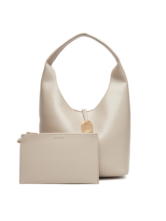 Geantă Calvin Klein Jeans Stone Lock Slouchy Small Shoulde LV04K3176G Écru