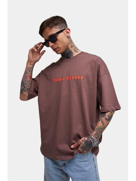 MyStars MyStars T-Shirt Koszulka Z Krótkim Rękawem Oversize Ciemna Brązowa Machinist Thrill Seeker L Brązowy Oversize