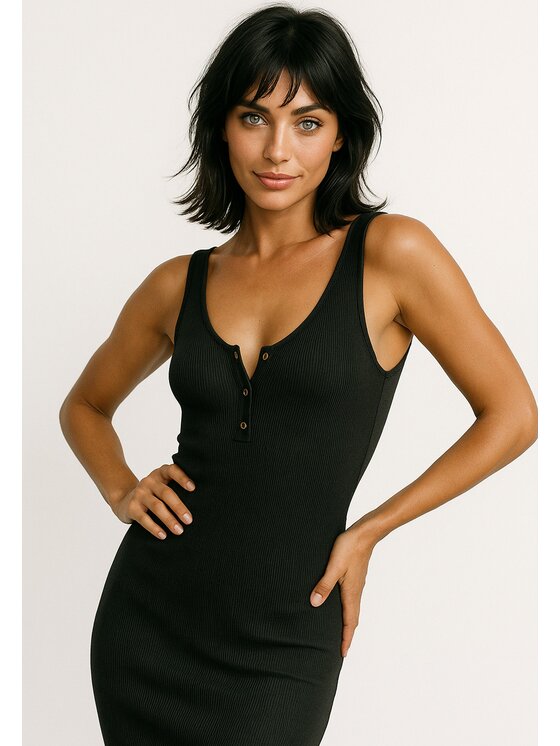 Nudyess Nudyess Vestito estivo Louisiana midi z prążka Nero Fitted Fit