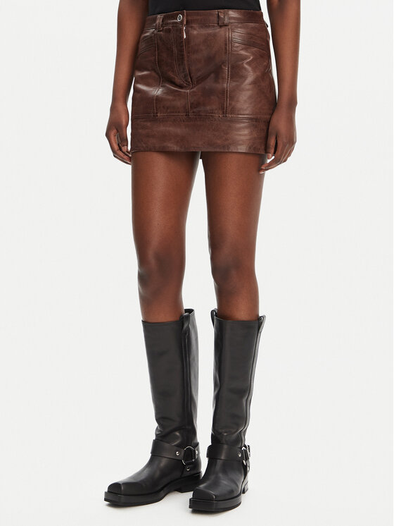 PINKO PINKO Kožna suknja Geordie 104957 A2I1 Smeđa Slim Fit