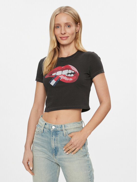 Tommy Jeans T-krekls Lips DW0DW17373 Melns Slim Fit