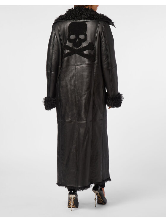 PHILIPP PLEIN PHILIPP PLEIN Kožený plášť 11449 Čierna Loose Fit