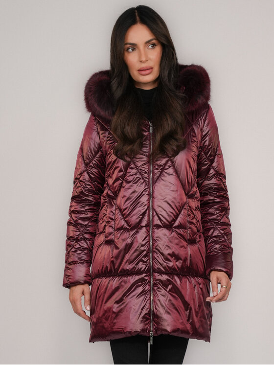 FAN LEATHER FAN LEATHER Kurtka puchowa Puchowa z Kapturem z Lisa Odpinanym 94 Bordowy Standard Fit