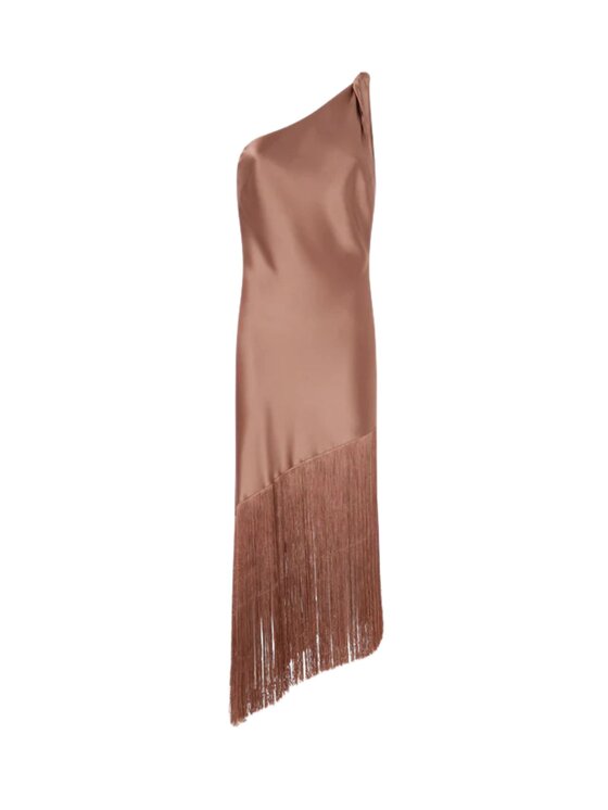 PINKO PINKO Sukienka wieczorowa Abito corto monospalla in satin con frange Brązowy Regular Fit
