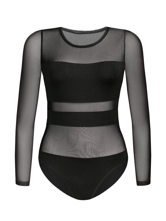 Teyli Teyli Body z wiskozy z siateczką Stripy Czarny Regular Fit
