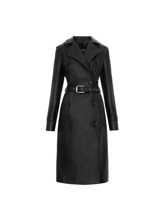 Mimika Mimika Płaszcz skórzany VARSOVIA KLASYCZNY TRENCH ABSOLUTE BLACK Czarny Regular Fit