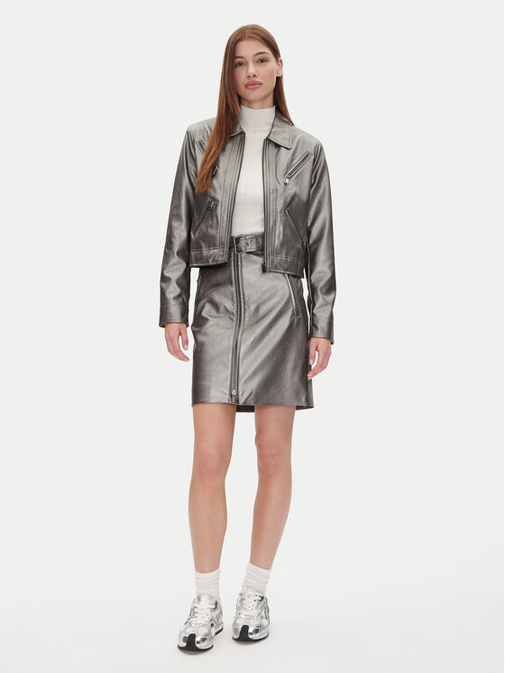 DKNY DKNY Sukně z imitace kůže P4JN6XIM Stříbrná Regular Fit