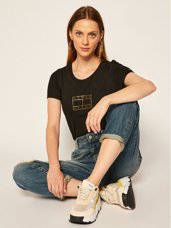 Tommy Jeans Marškinėliai Tjw Metallic Outline Flag DW0DW08473 Juoda Regular  Fit • Modivo.lt