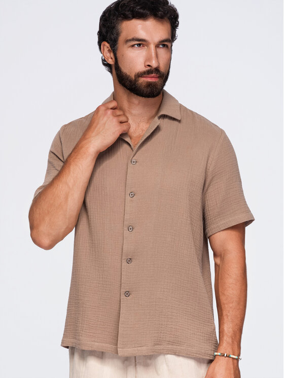 Ombre Ombre Koszula OM-SHSS-0223 Brązowy Regular Fit