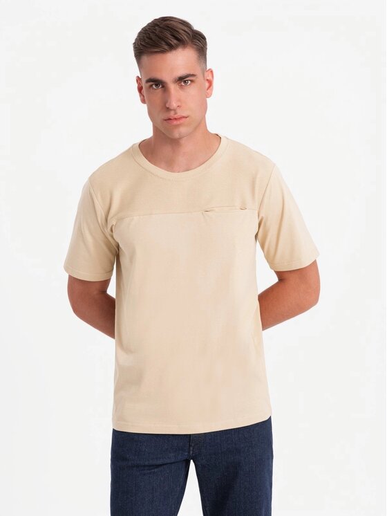 Ombre Ombre T-Shirt OM-TSCT-0171 Beżowy Loose Fit
