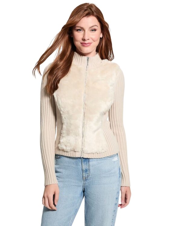 Guess Guess Ζακέτα Cardigan fur mix zip Μπεζ Regular Fit