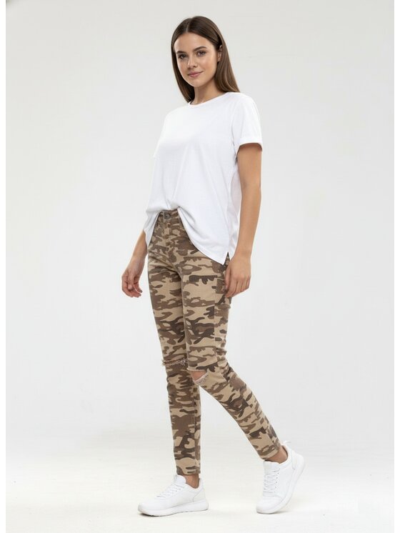 MyStars MyStars Spodnie materiałowe Camo Militarne Wojskowe 104972 Kremowy Regular Fit