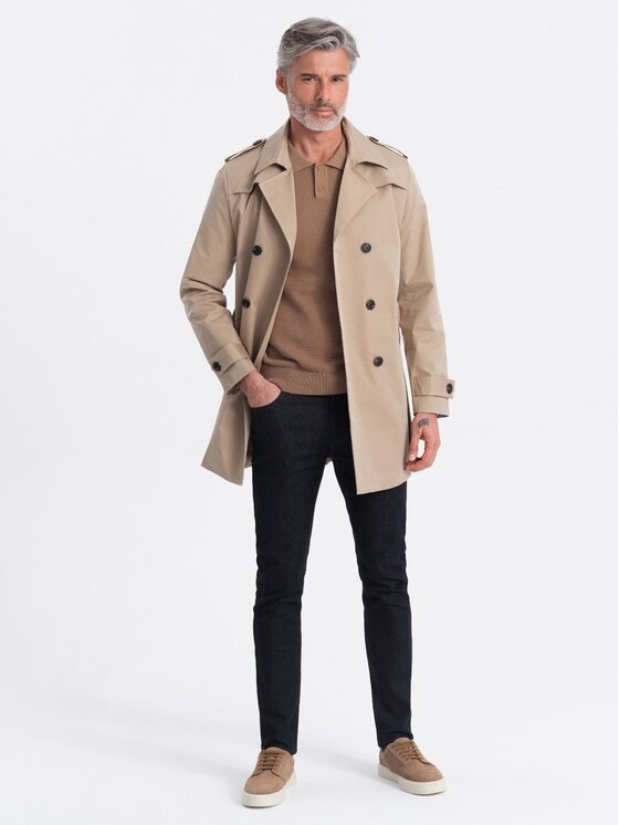 Ombre Ombre Trencz OM-COSC-0111 Beżowy Slim Fit