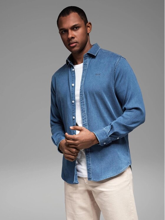 Ombre Ombre Koszula jeansowa OM-SHDS-0180 Niebieski Regular Fit