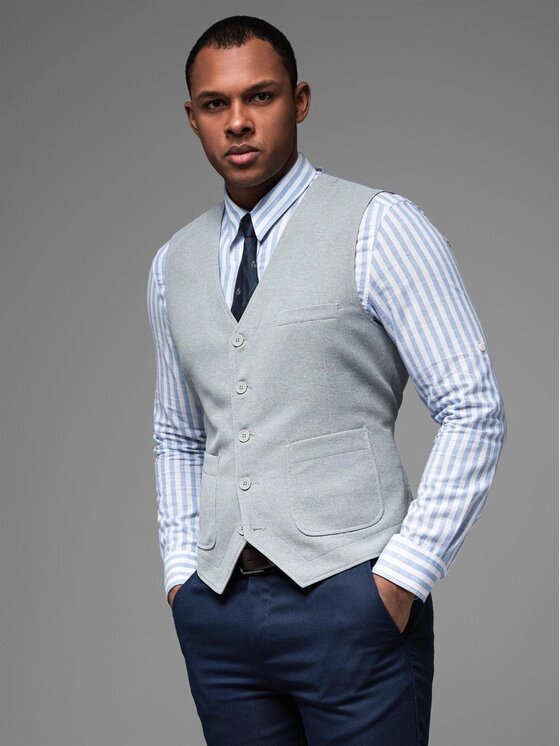 Ombre Ombre Obleková vesta OM-BLZV-0146 Šedá Slim Fit