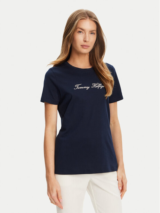 Tommy Hilfiger Tommy Hilfiger T-Shirt Script WW0WW47210 Granatowy Regular Fit