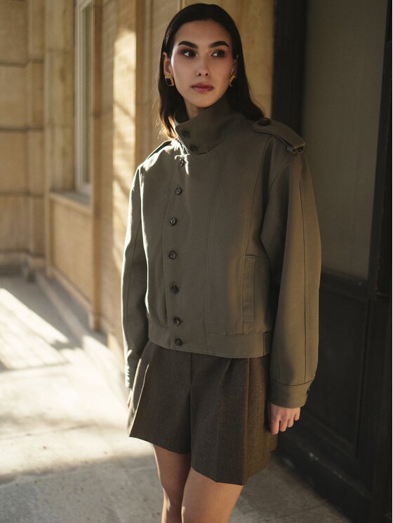 Entelier Entelier Kurtka przejściowa krótka pudełkowa Khaki Modern Relaxed Fit