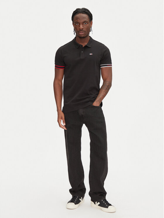 Tommy Jeans Tommy Jeans Тениска с яка и копчета Flag Cuff DM0DM21306 Черен Slim Fit