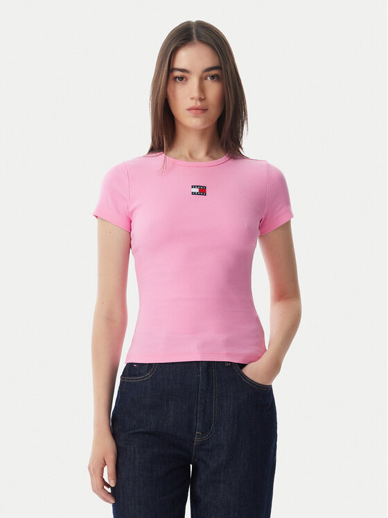 Tommy Jeans Póló Badge DW0DW17881 Világos rózsaszín Slim Fit