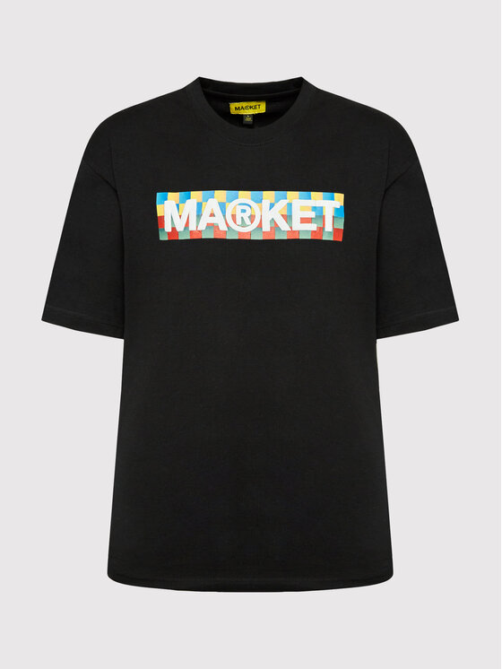 Market Market Majica Unisex Checkered Bar Logo 399001063 Črna Relaxed Fit