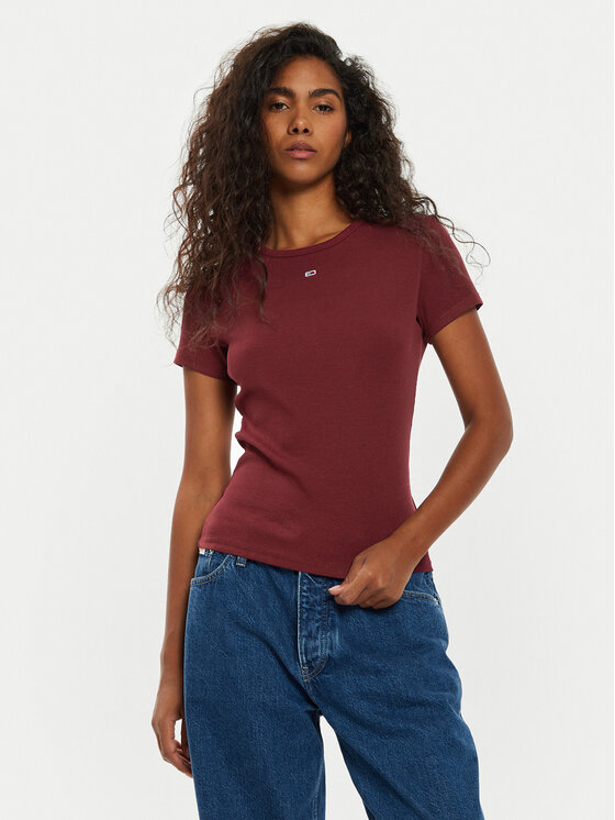 Tommy Jeans T-shirt Tjw Slim Essential Rib Ss DW0DW17383 Bordeaux Slim Fit, taglia : XXS