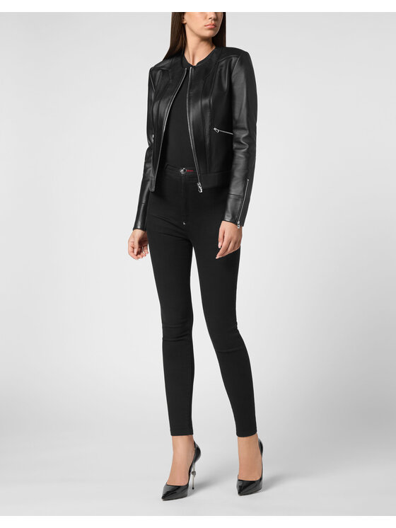 PHILIPP PLEIN PHILIPP PLEIN Kurtka skórzana 9471 Czarny Slim Fit
