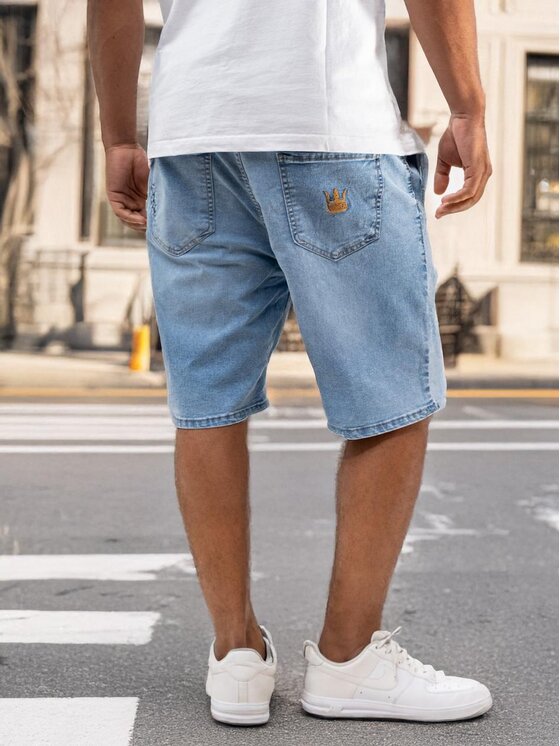 Jigga Wear Jigga Wear Szorty jeansowe Krótkie Spodenki Jeansowe Baggy Męskie Niebieskie Złote Jigga Korona XL Niebieski Baggy Fit