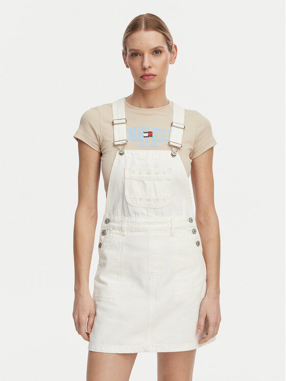 Tommy Jeans Rochie de blugi Logo Pocket Dungaree DW0DW22002 Alb Regular Fit