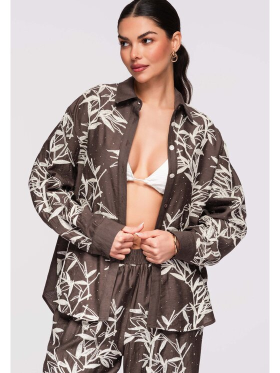 Ombre Ombre Koszula OW-SH-E0016 Brązowy Loose Fit