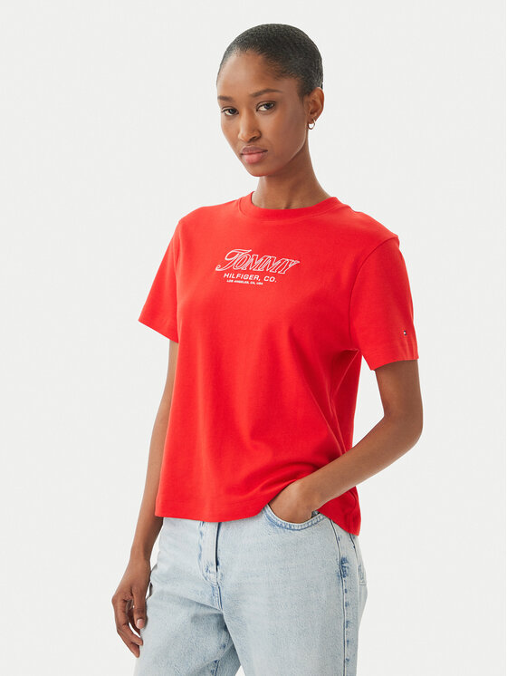 Tommy Hilfiger Tricou Logo Interlock WW0WW48707 Roșu Regular Fit