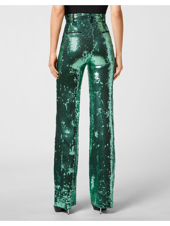 PHILIPP PLEIN PHILIPP PLEIN Kalhoty z materiálu 2649 Zelená Flare Fit