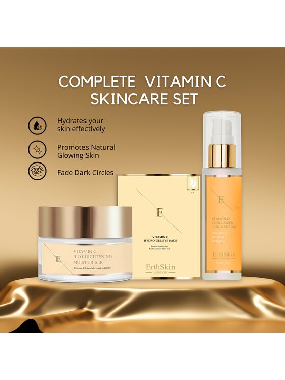 Erthskin London Erthskin London WITAMINA C ELIXIR SERUM + Witamina C Bio Rozświetlający krem ​​nawilżający + Płatki pod oczy Zestaw do pielęgnacji