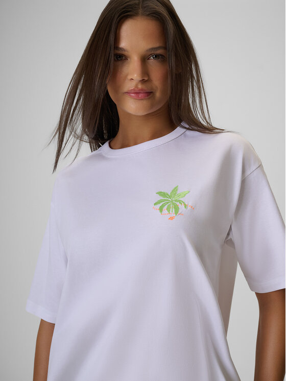 4F 4F T-Shirt BEACHWEAR Biały Boxy Fit
