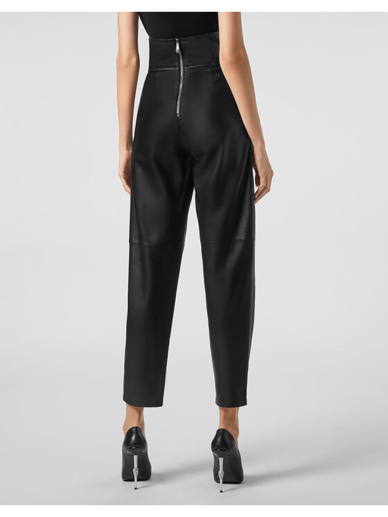 PHILIPP PLEIN PHILIPP PLEIN Kožené kalhoty 5463 Černá Long Fit