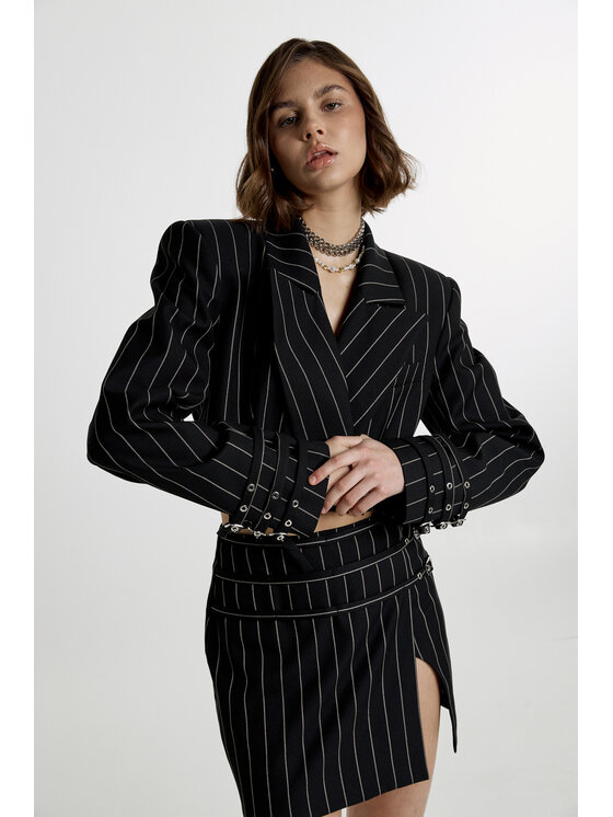 Laretaggio Laretaggio Marynarka Abano Cropped double breasted blazer in stripes Czarny Cropped Fit