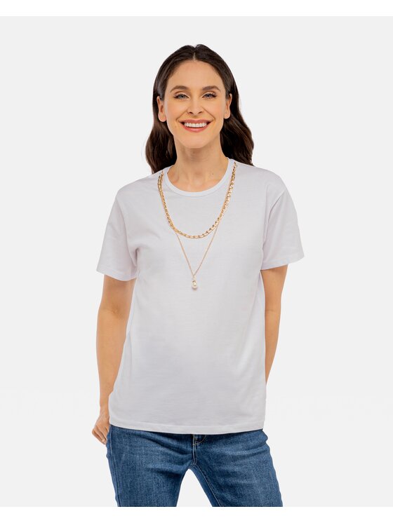 Perso Perso T-Shirt z naszyjnikiem z perłą Biały Slim Fit