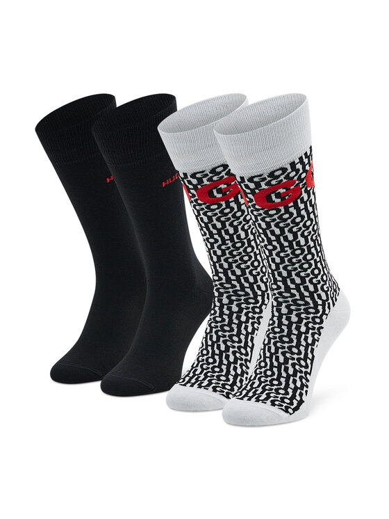 Hugo Комплект 2 чифта дълги чорапи мъжки Allover Logo 50473191 Черен