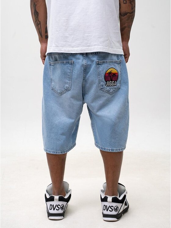 Jigga Wear Jigga Wear Szorty jeansowe Szerokie luźne za duże bagy palmy zachód słońca 130781 Niebieski Baggy Fit